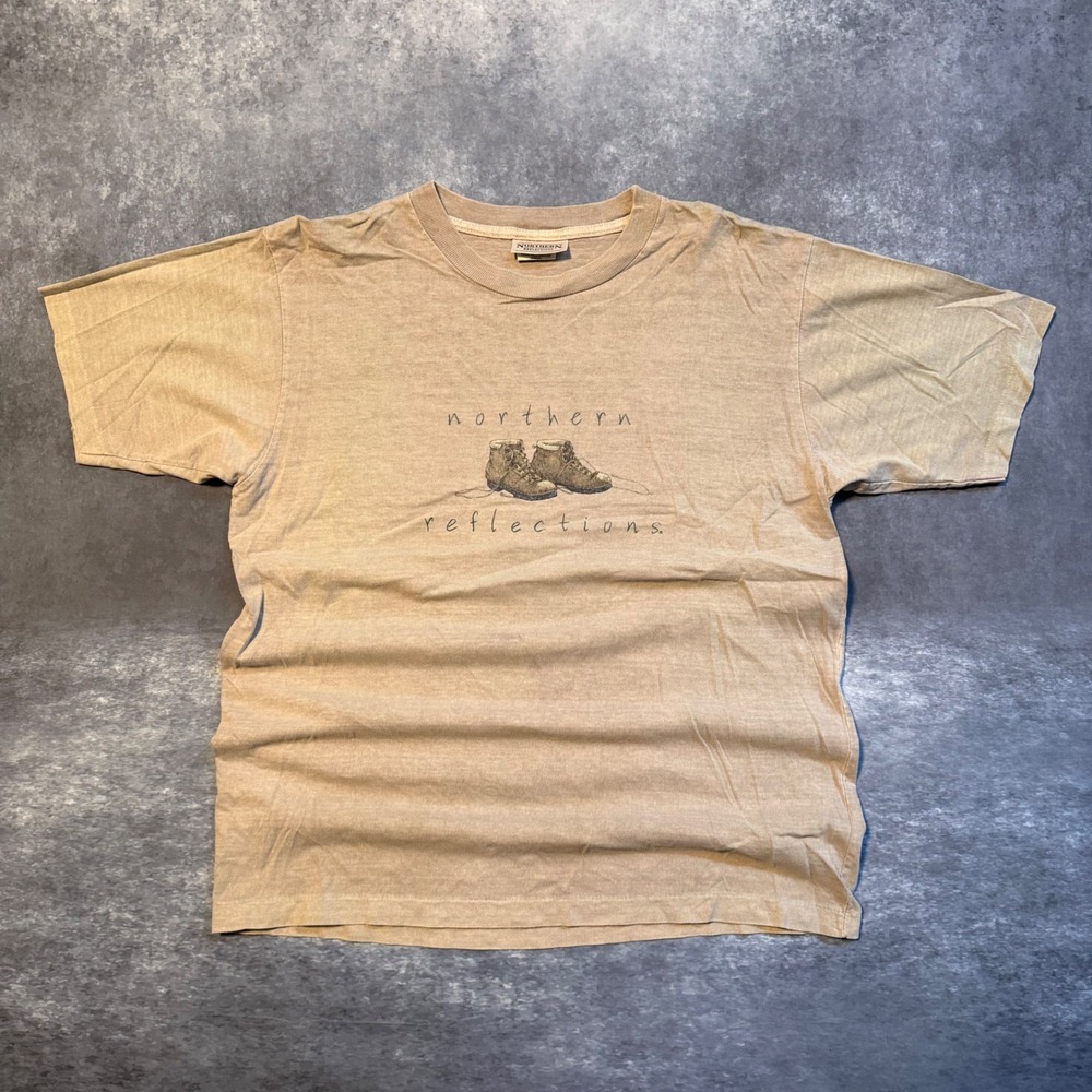 Vintage Northern Reflections Mens Hiking Boots Graphic T-Shirt Tan Size Medium